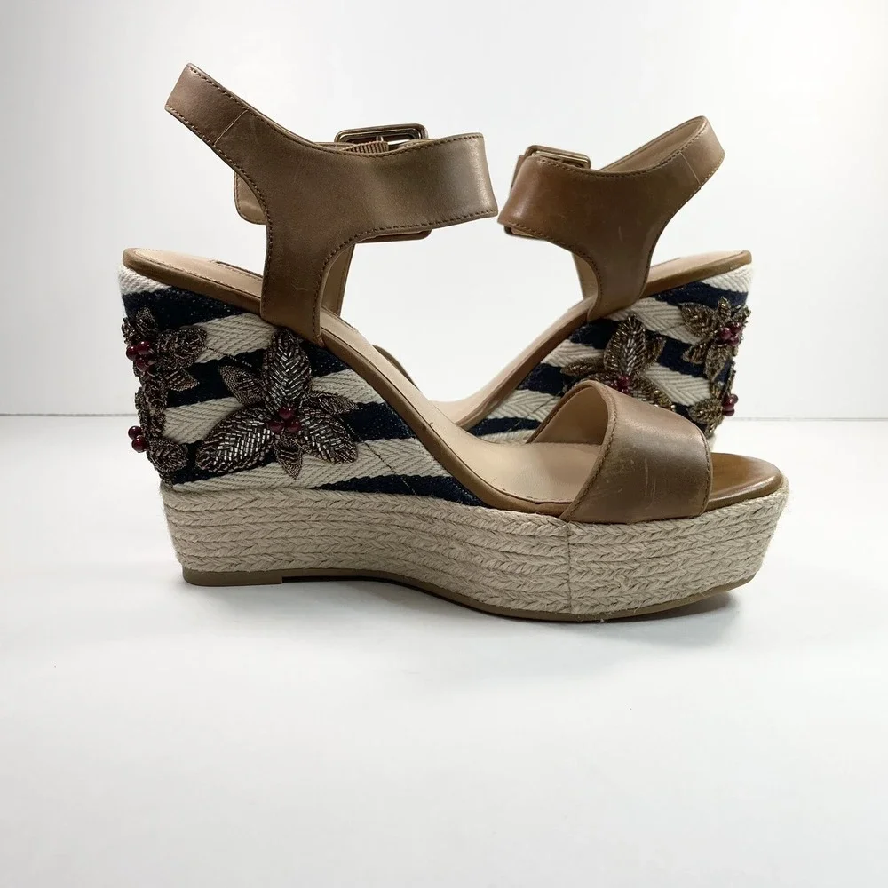 Antonio Melani Espadrille Platform Heels Tan Leather embellished Heel Size 6M